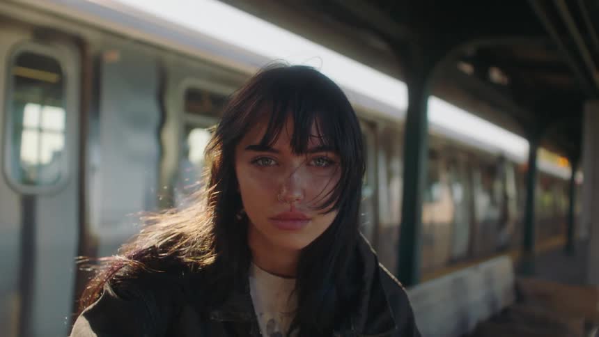 Young girl with a piercing sitting on a bench in a metro station as the train departs behind her