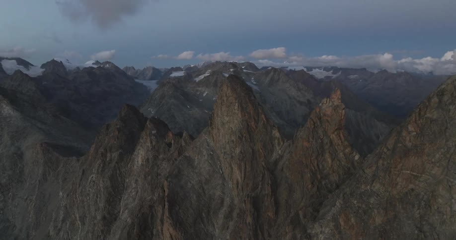 Aerial view of the peaks on a mountain range