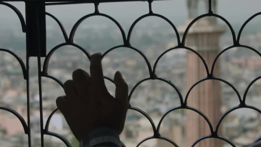 A hand is hanging on a gate