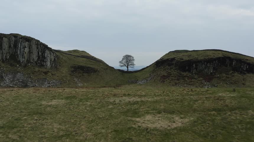 Aerial view of Sycamore Gap in hadrians wall