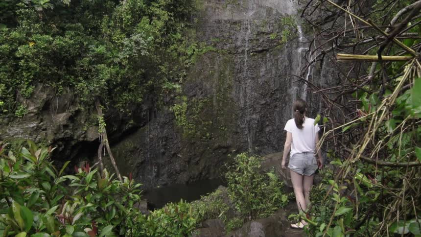 A woman watches a waterfall from a cliff