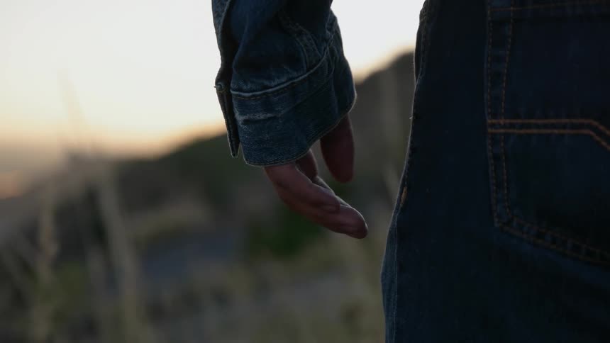 A person is standing near a hillside at sunset