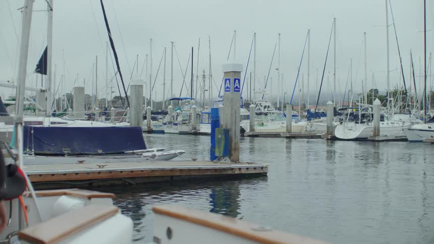 View of a marina from a moving boat