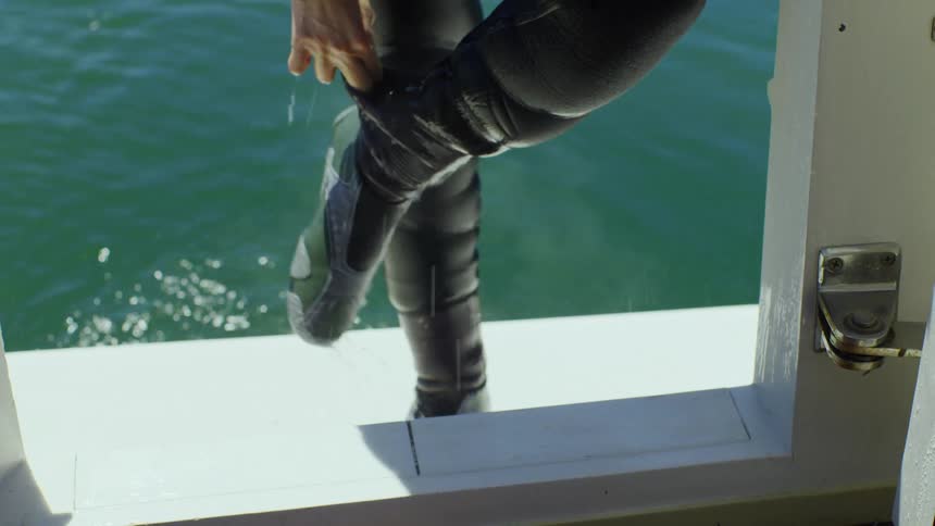 A person gets back on the boat after scuba diving