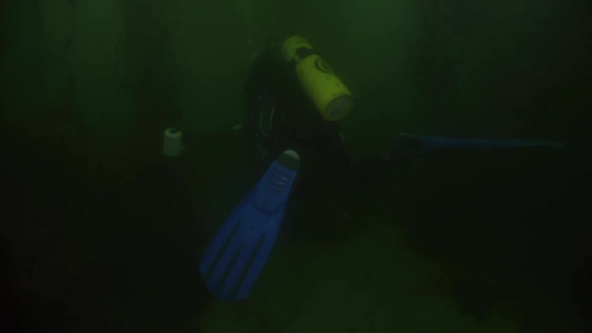 A diver exploring the dark bottom of the sea