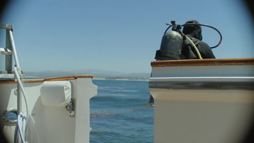 Person in diving gear and a scuba tank jumping from a boat into the sea