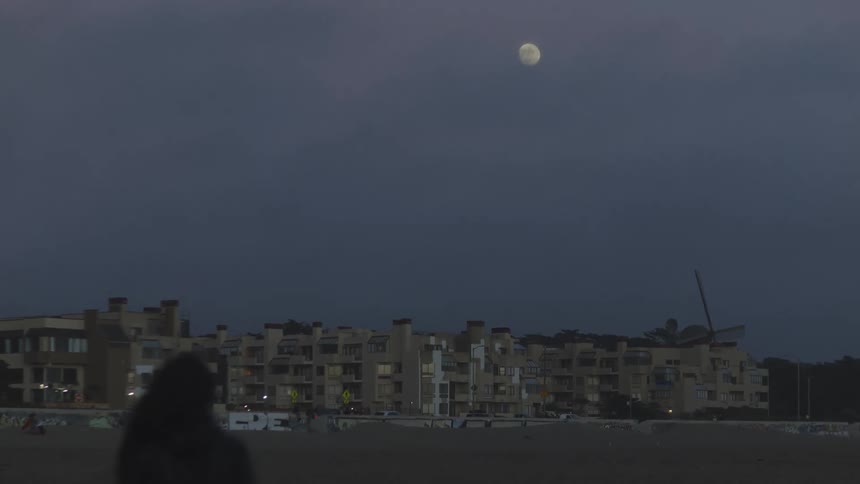 Woman walking away at night under a full moon