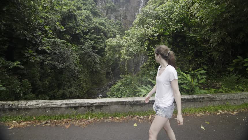 A woman is hiking over a bridge by a waterfall
