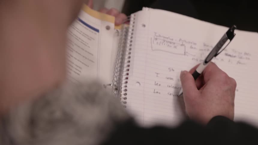 A person is writing in a notebook