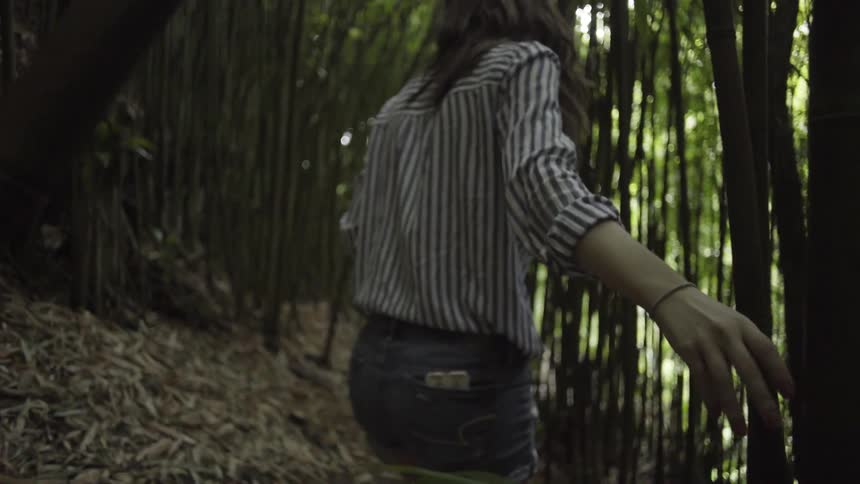 A woman walks through the forest