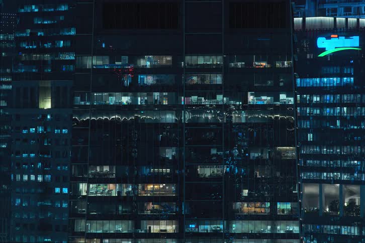 The lights in the buildings apartments flicker at night
