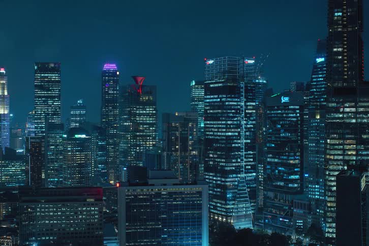 City commercial buildings illuminated at night