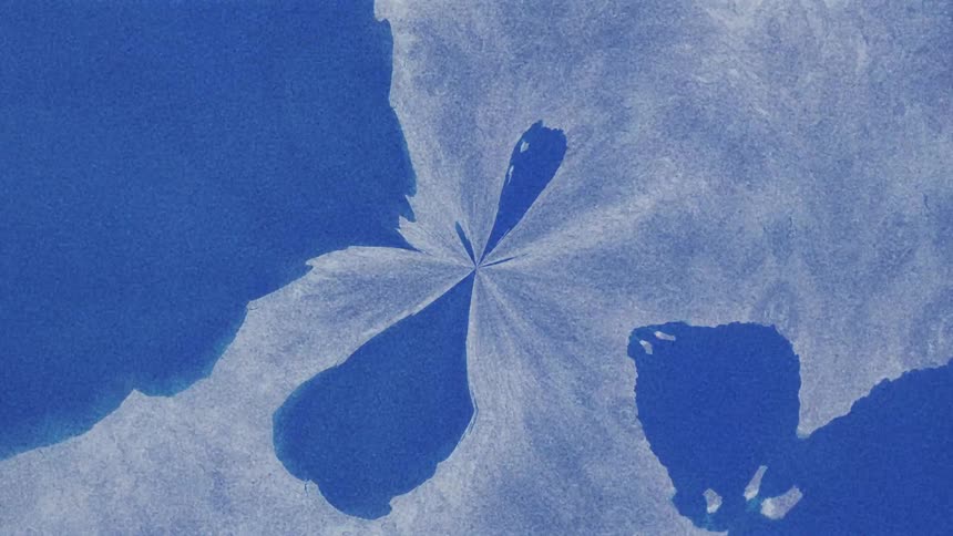 White and blue patches flow through various shapes