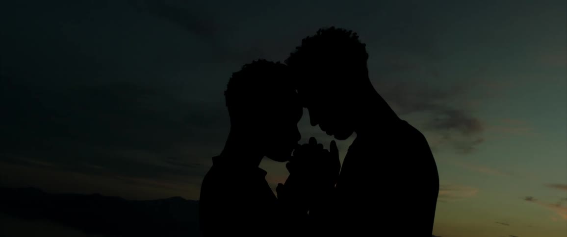 Silhouette of a couple touching heads and holding hands against a sunset sky in the background