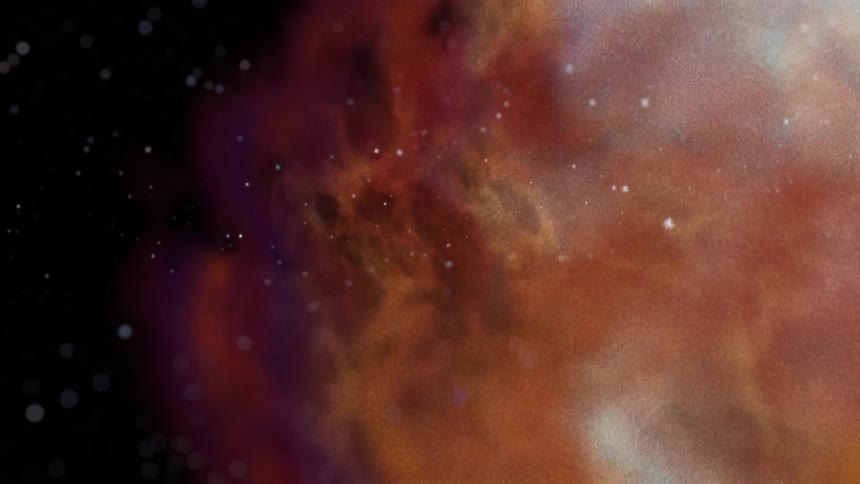 White twinkling specs slowly moving in front of a pink nebula cloud against a black background
