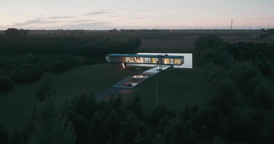 Aerial of a glass house villa with reflecting pool and sports car in the middle of a tree grove in the country at sundown