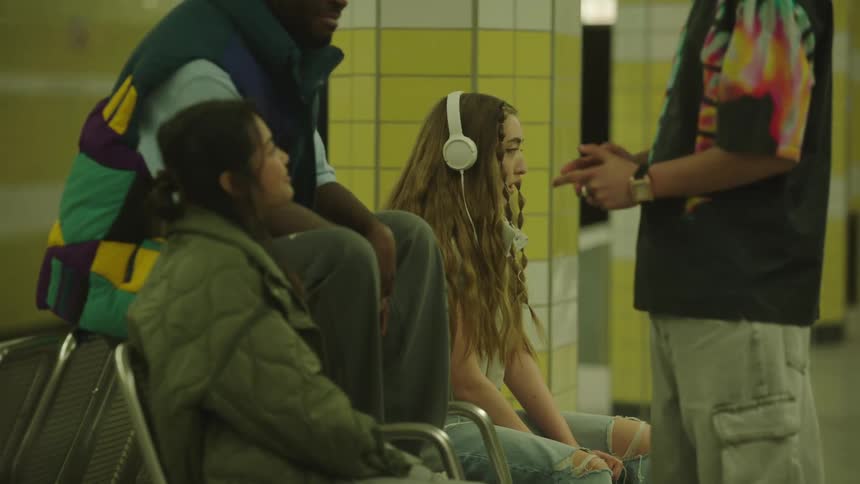 A girl listening to music on headphones while her friends talk