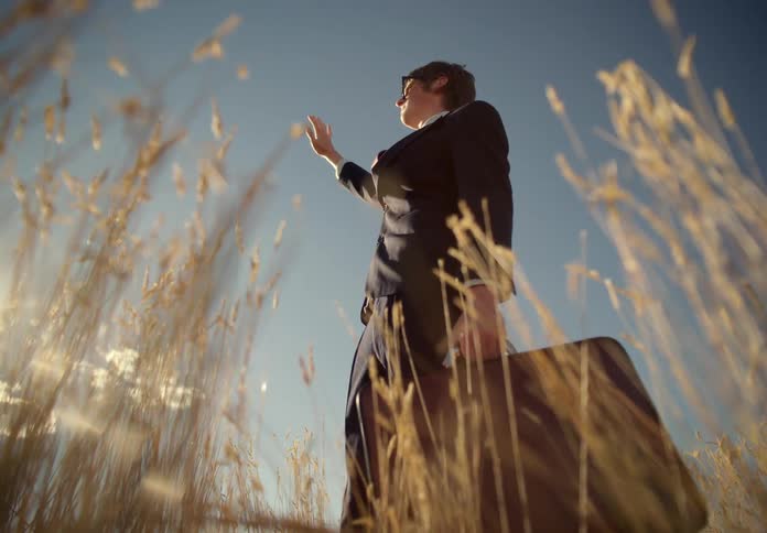Businessman carrying briefcase stands in field on a windy day and looks around