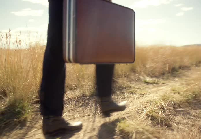 A businessman in a suit carries a briefcase in the field blending the formal attire of corporate life with the openness of a natural environment