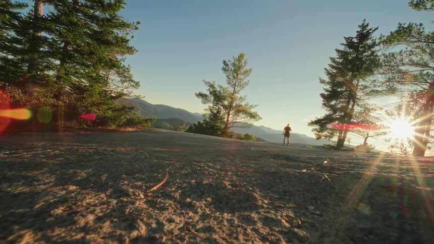 A man running through the forest on a sunny morning