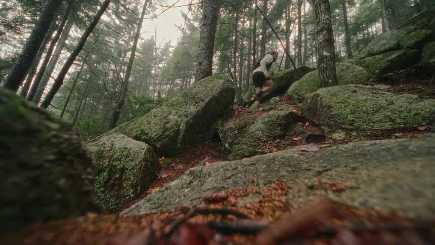 A man walking up a hill in the forest during a cloudy day