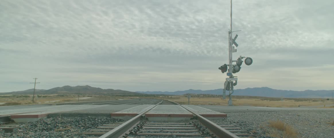 Railroad tracks intersect with a road at a railroad crossing with the arm up