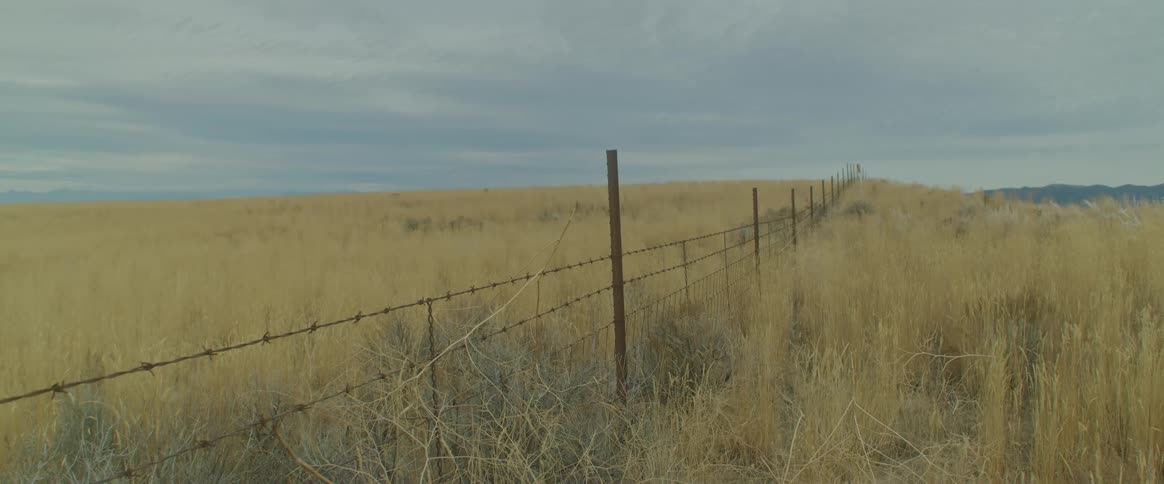 Barbed wire fence in the middle of a field next to a mountainous region during day time
