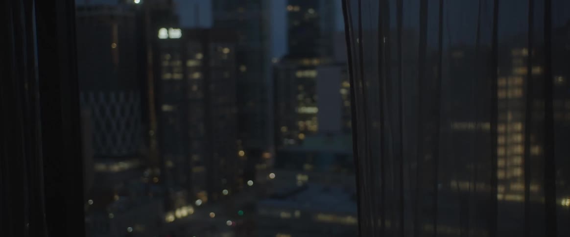 View from a window of a metropolis with skyscrapers at night
