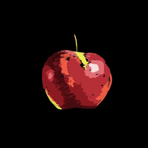 A painting of different styles of a red apple on a black background