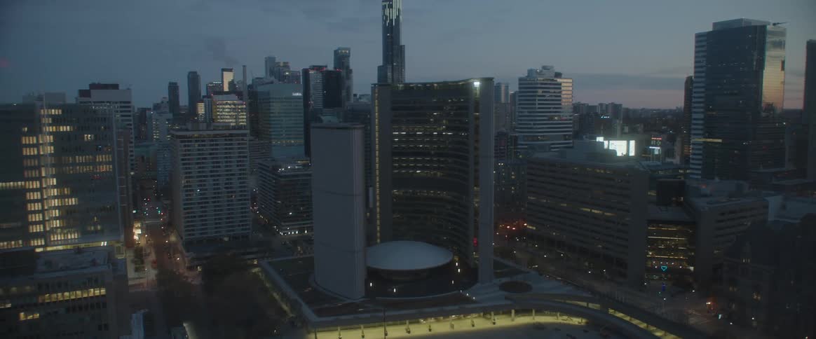 Aerial view of metropolitan area during dusk or dawn