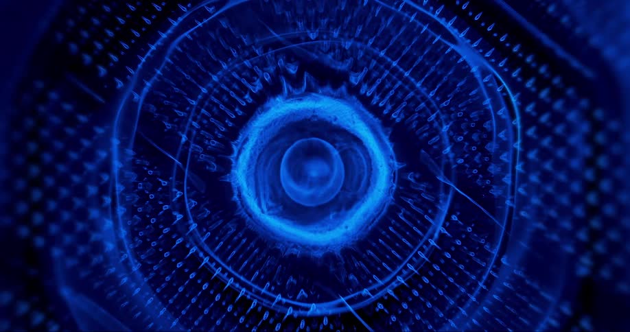 A blue circular object emitting vibrant bluehued lights