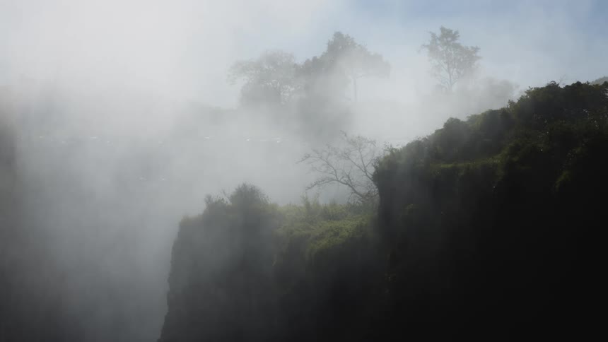 A landscape of a hill with some trees and a mysterious fog