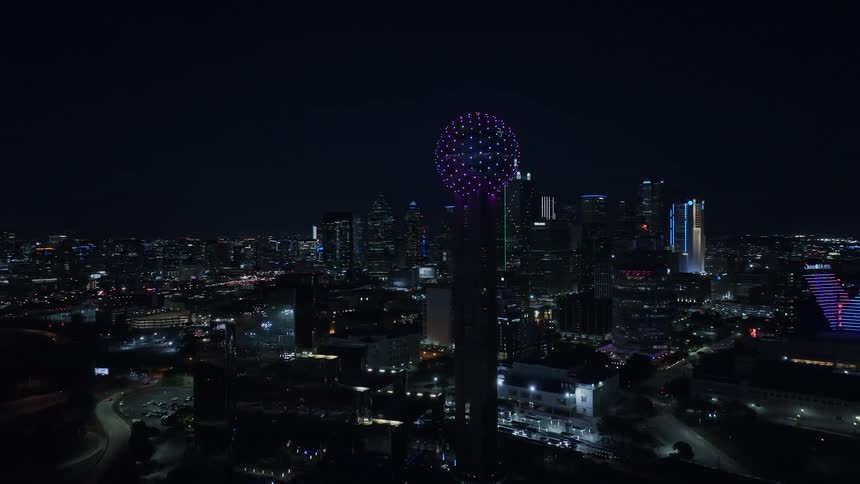 Aerial of the reunion tower in dallas at night