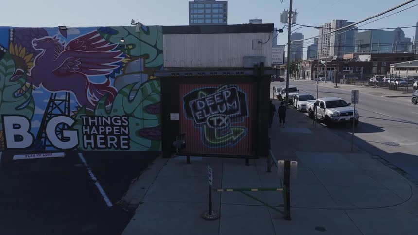 Aerial view of urban art on a corner in the city