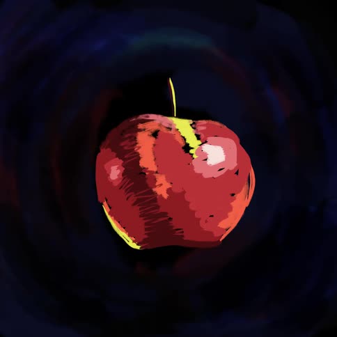 Animated drawing of red apple is surrounded by circular blueand black layers