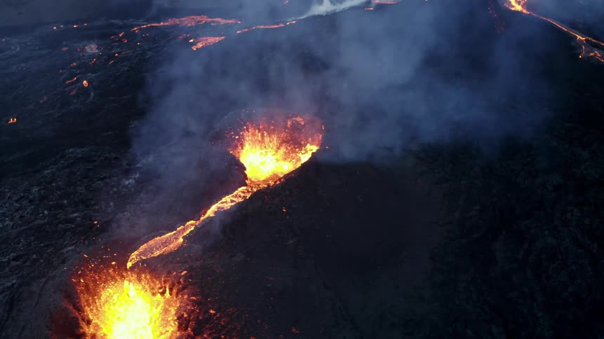 Aerial view of volcano lavas erupting