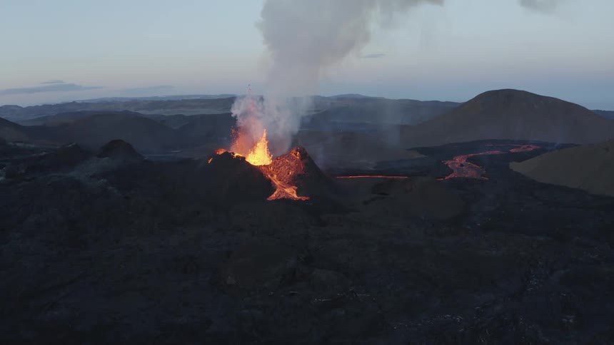 Aerial view of a volcanic eruption in the plains