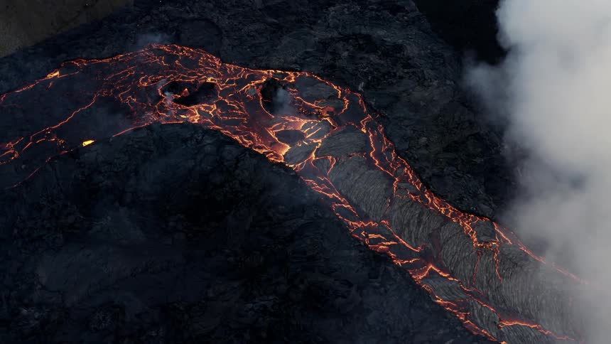 Aerial view of lava flow from a volcanic eruption