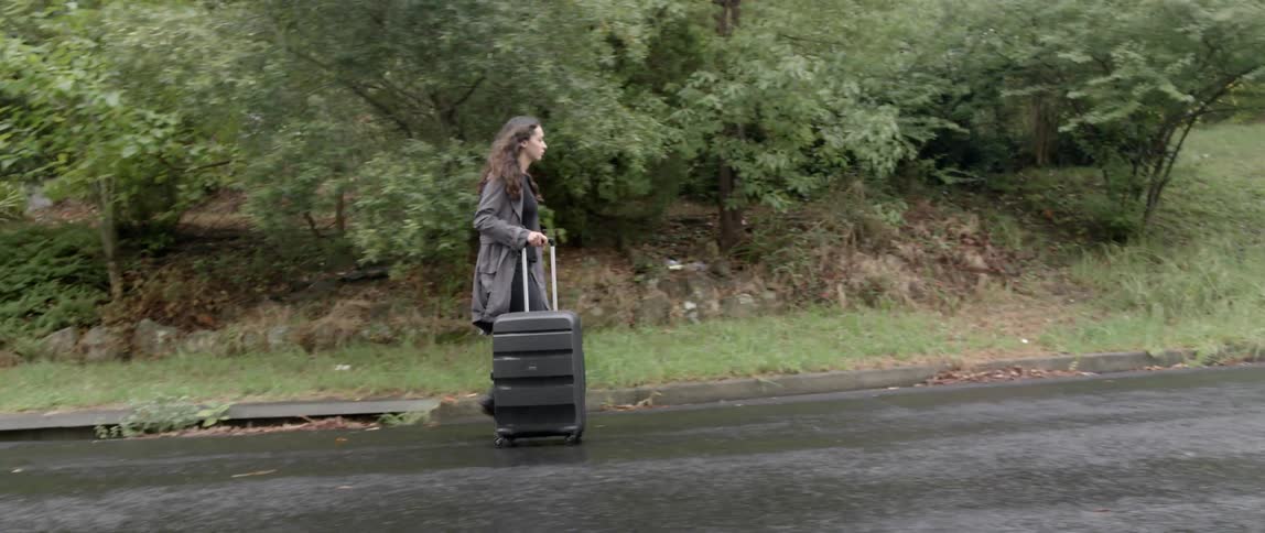 A woman walks up a hill carrying a suitcase