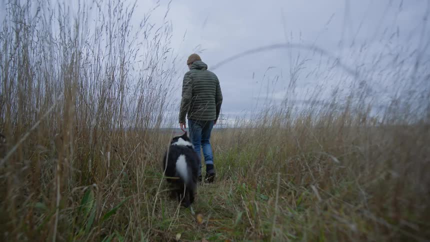 Man walks through the countryside with his dog