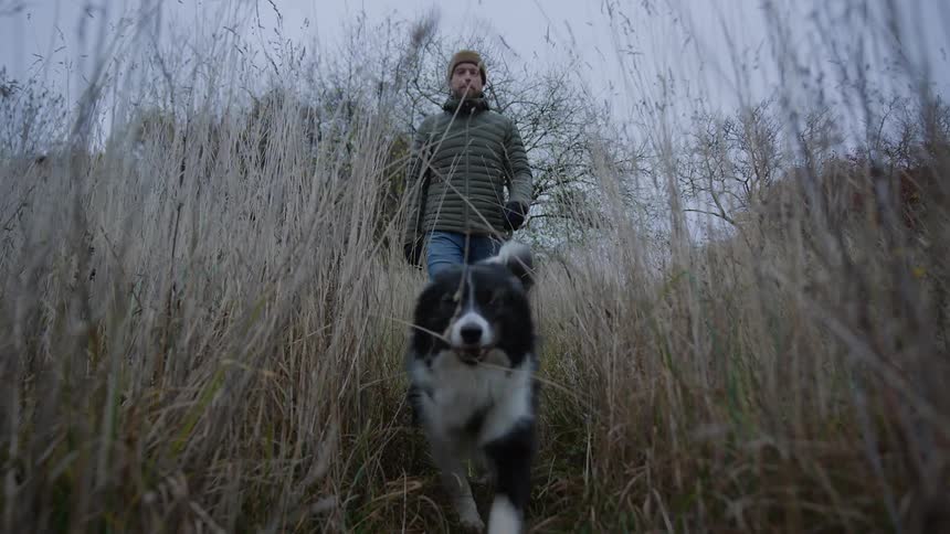 Man wearing a jacket and a beanie walking on a field outdoors with a border collie dog during day time