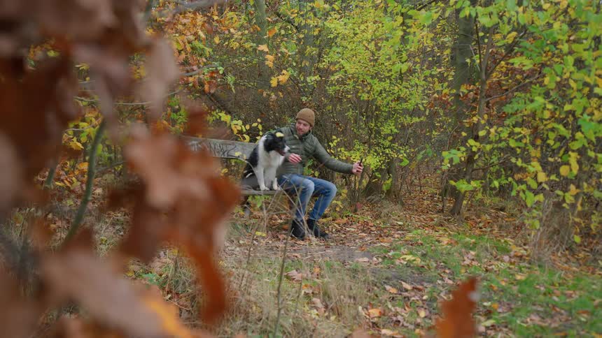 Man sitting on a bench next to his dog taking a selfie together