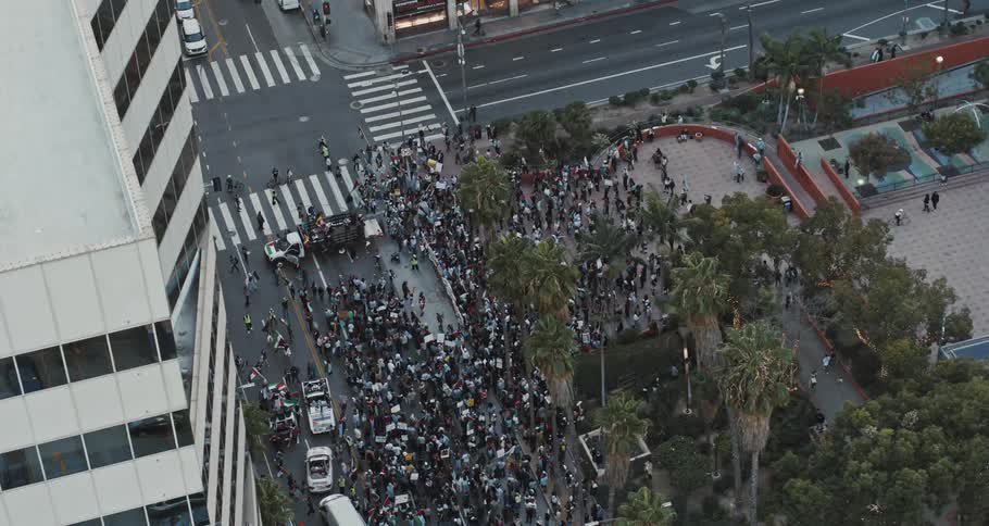 Aerial view of protesters in a square