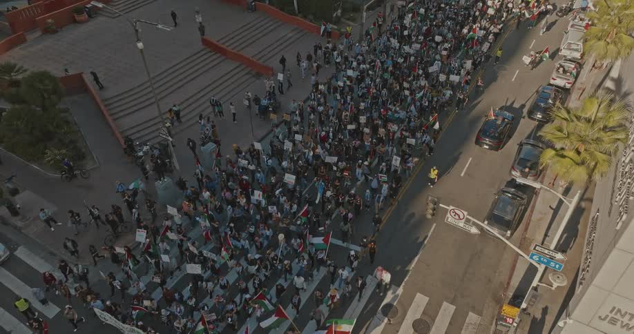 A large group of people demonstrating on the streets of the city