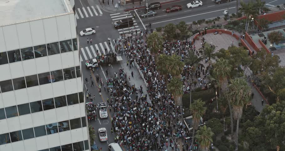 Crowd celebrating on the city streets