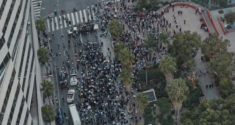 Aerial view of a crowd marching on the city streets