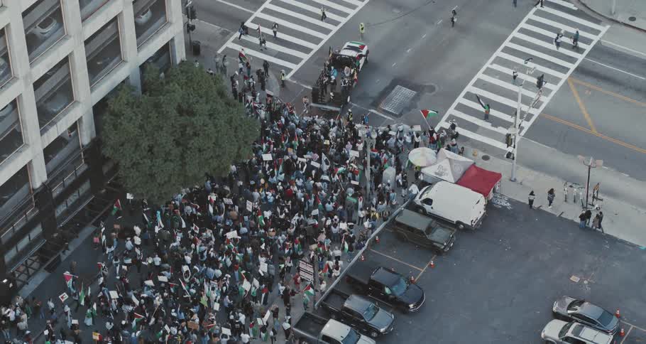 People at a protest with flags on a street in a big city