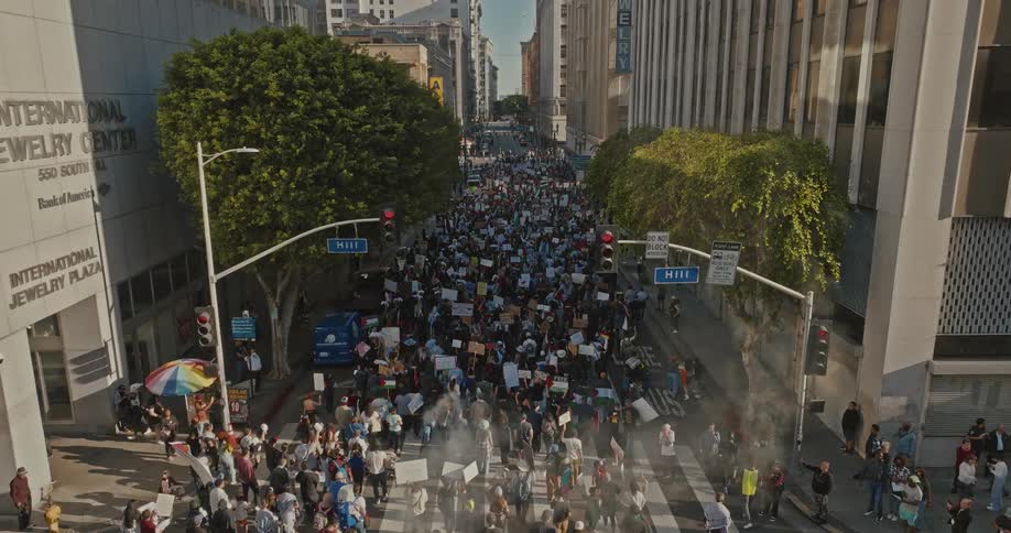Aerial panorama of a crowd of people with signs protesting in the city streets