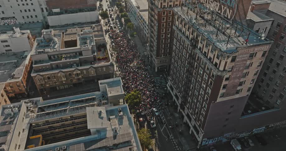 Skyline of a crowd of protesters in a big city