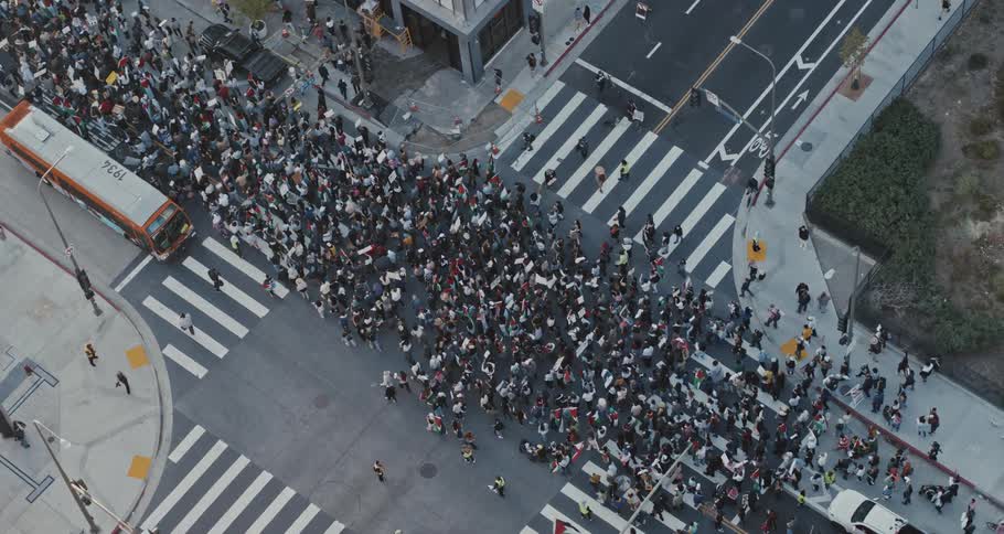 A group of people protested with national flags on the main avenue